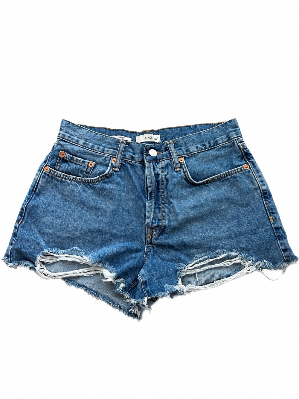 Mango Medium Blue High-Rise Distressed Denim Cutoff Shorts